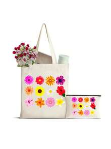 Conjunto de Bolsa de Lona Floral Tropical Colorida e Nécessaire com Zíper, Bolsa Estampada Vibrante com Hibiscos, Girassóis e Margaridas com Nécessaire Correspondente, Bolsa de Ombro Feminina, Sacola de Compras Reutilizável Leve para Praia, Viagem, Trabalho e Escola, Cabe Livros, Laptops e Itens Essenciais Diários, Nécessaire Adequado para Cosméticos - Multicolorido - Visão 16