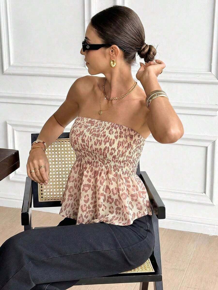 Top bandeau con volantes y estampado de leopardo, top sin tirantes, top de estilo vacacional sexy y elegante para mujer - Multicolor 2 - Ver 1