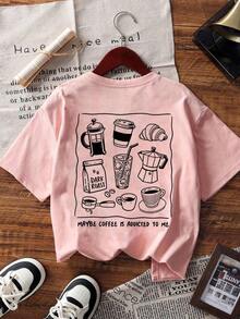 The Hottest Summer Item: A Pure Cotton Crew Neck T-Shirt Printed With Breakfast Food And Drinks. Its Relaxed, Casual Style Is Versatile And Perfect For Everyday Wear. A Stylish And Popular Party T-Shirt. - 粉色 - 查看 2