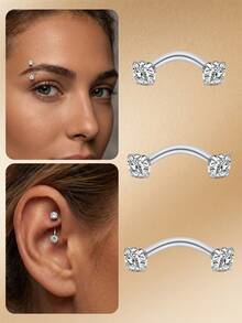 Khuyên tai Rook Daith bằng thép không gỉ 16G, khuyên môi, khuyên lông mày, khuyên sụn tai Tragus, khuyên tạ đính đá Cubic Zirconia, kích thước 6mm 8mm 10mm. - Bạc - Xem 2