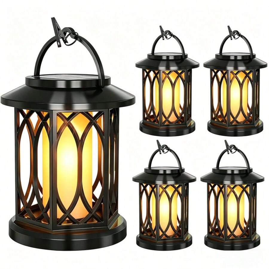 Four Hanging Solar Lights For Outdoor Use Upgraded Flickering Flame Solar Lights Outdoor Waterproof Design Hanging Lantern Decorations Solar Lanterns For Yard, Patio, And Pathway Decor Christmas Decorations (Black) - one-size - View 1