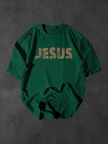 Men's T-Shirt With Jesus Cross Print - Faith Theme - 100% Cotton With Latin Prayer Text And Medal Print, With Benedictine Elements - Catholic Religious Gift For Father, Husband, Grandfather - Available In Sizes S-2XL, Father's Day Gift, Suitable For Casual Daily Wear And Outdoor Activities. - 綠色 - 查看 1