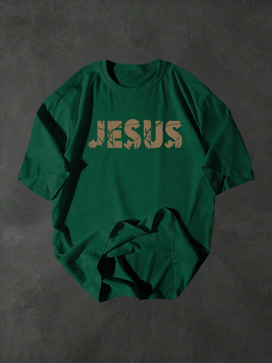Men's T-Shirt With Jesus Cross Print - Faith Theme - 100% Cotton With Latin Prayer Text And Medal Print, With Benedictine Elements - Catholic Religious Gift For Father, Husband, Grandfather - Available In Sizes S-2XL, Father's Day Gift, Suitable For Casual Daily Wear And Outdoor Activities. - 綠色 - 查看 1