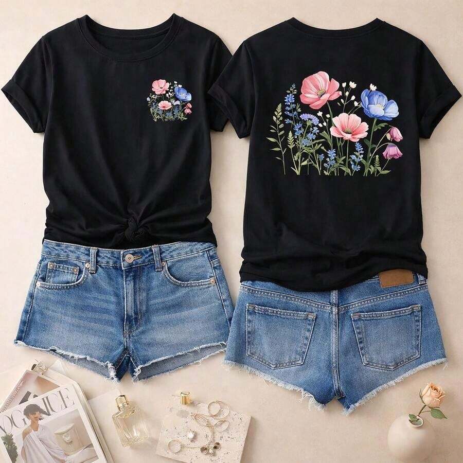 1 Piece Short Sleeve T-Shirt, Plus Size Women's Cotton T-Shirt With Floral Print, Round Neck, Casual Summer Top With Botanical Design On Front And Back, 100% Cotton. - 黑色 - 查看 1