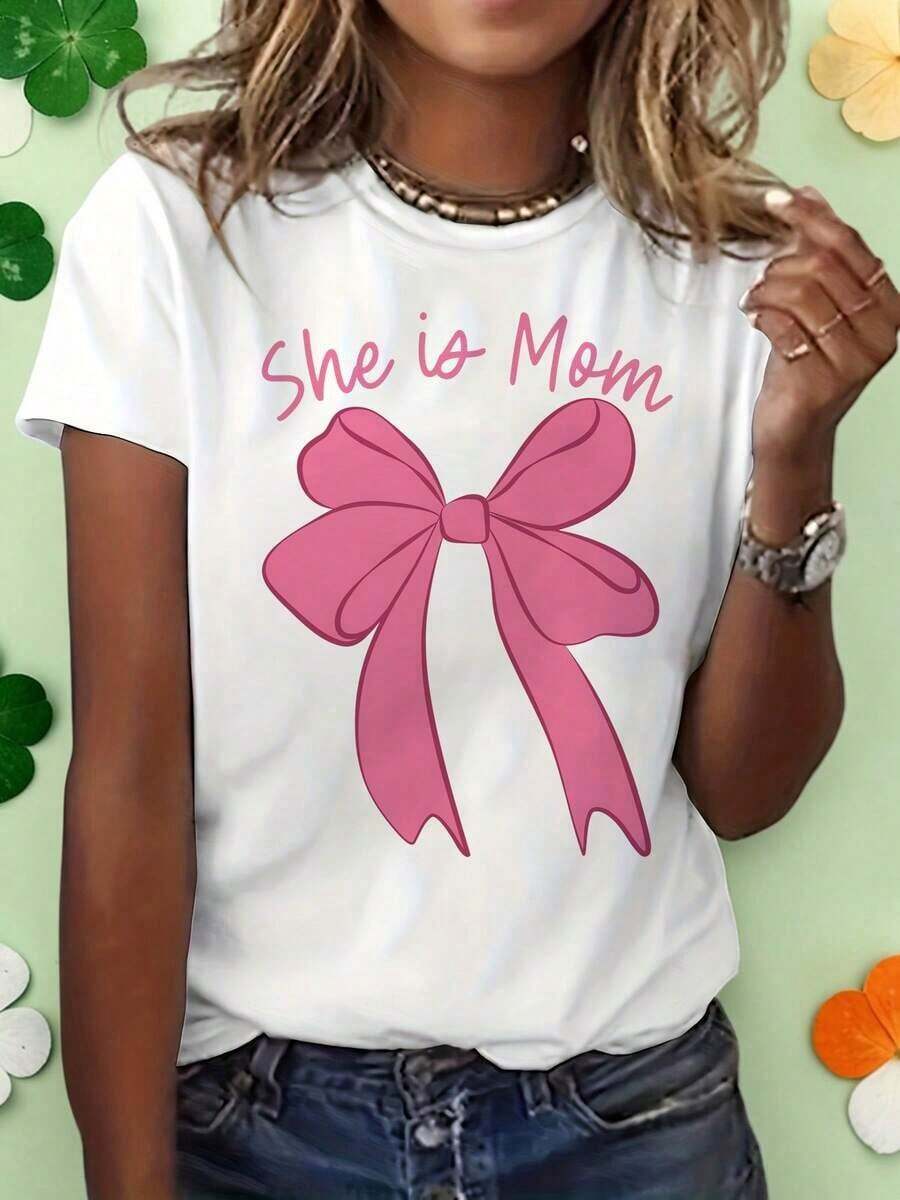 Women's T-Shirt With "She's A Mom" Bow - Pink Bow With "She's A Mom" Text Print, Casual Short Sleeve Crew Neck T-Shirt For Mother's Day | Simple Mom Life T-Shirt, Suitable For Casual Wear, Machine Washable For Summer Outfits - 白色 - 查看 1