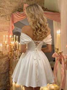 MOD Vestido romántico de hombros descubiertos color vino tinto, adecuado para citas, San Valentín, vacaciones - Albaricoque - Ver 11