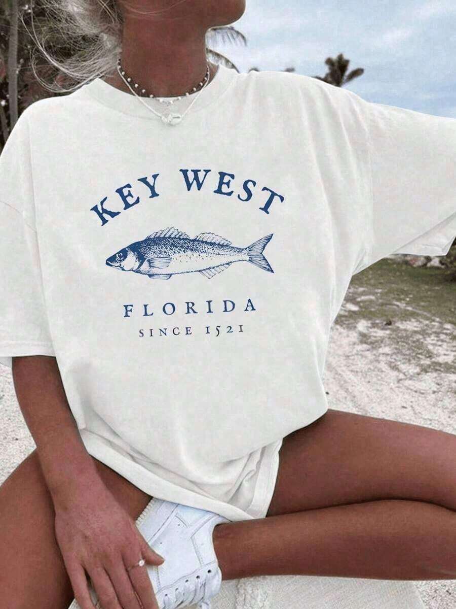 Camiseta Casual Estampada para Mujer, Viaje de Pesca en Florida, 100% Algodón, 1 Pieza, Camiseta con Estampado Gráfico a la Moda, Estilo Cómodo y Suave, 100% Algodón - Blanco - Ver 1