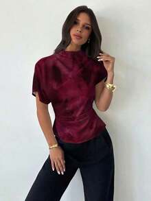 Blusa ajustada de estampado animal minimalista y casual con cuello fruncido, manga asimétrica y cintura fruncida, para mujer, para todas las estaciones - Rojo - Ver 1