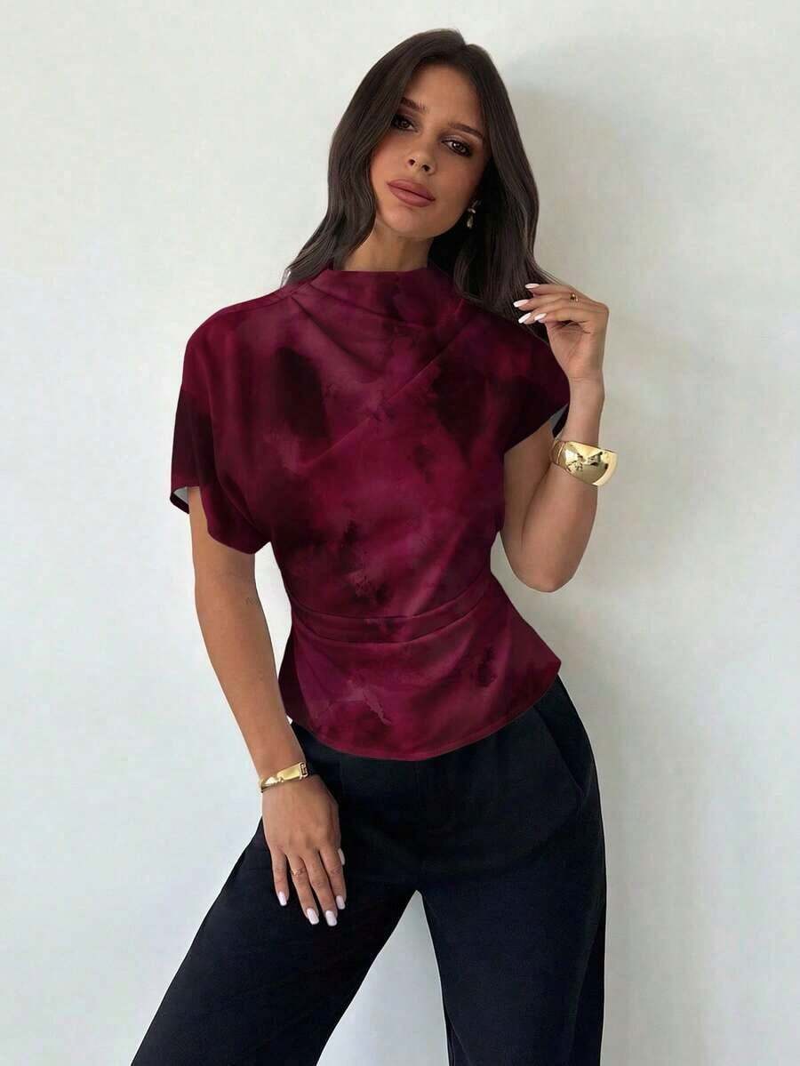 Blusa ajustada de estampado animal minimalista y casual con cuello fruncido, manga asimétrica y cintura fruncida, para mujer, para todas las estaciones - Rojo - Ver 1
