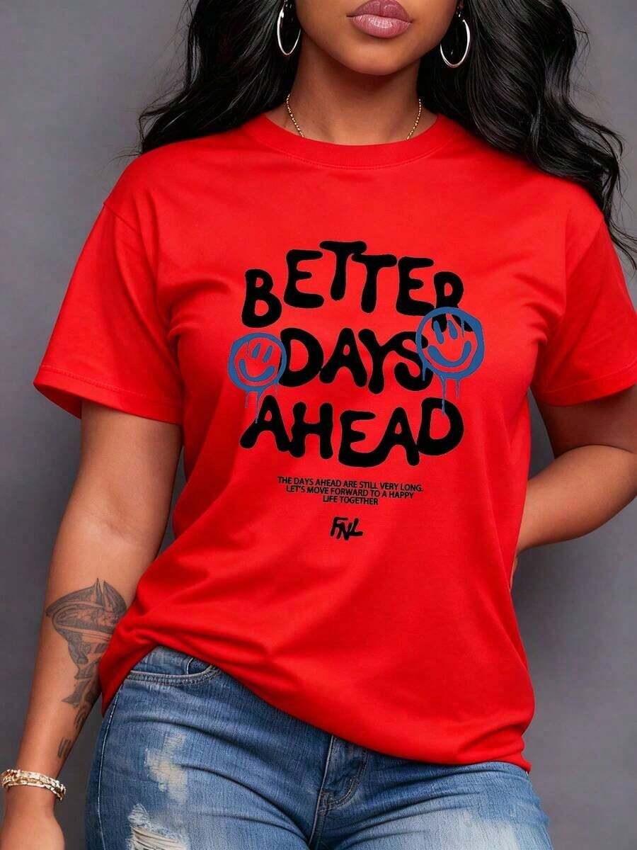 Women's T-Shirt With Graphic Print Better Days Ahead, Modern And Casual Design For An Urban And Optimistic Look, Ideal To Combine With Jeans Or Skirts, Express Yourself With Style!, Casual Short Sleeve. - 紅色 - 查看 1