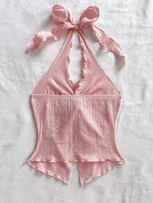 Camiseta sin tirantes sexy y con estilo, con nudo, bajo con abertura y espalda abierta - Rosa - Ver 2