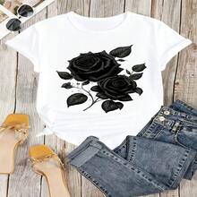 Edgy Black Roses Graphic T-Shirt, 100% Cotton Oversized Soft Breathable Casual Crewneck Short Sleeve Top, Romantic Aesthetic Summer Vibes Tee For Women & Flower Lovers - 白色 - 查看 5