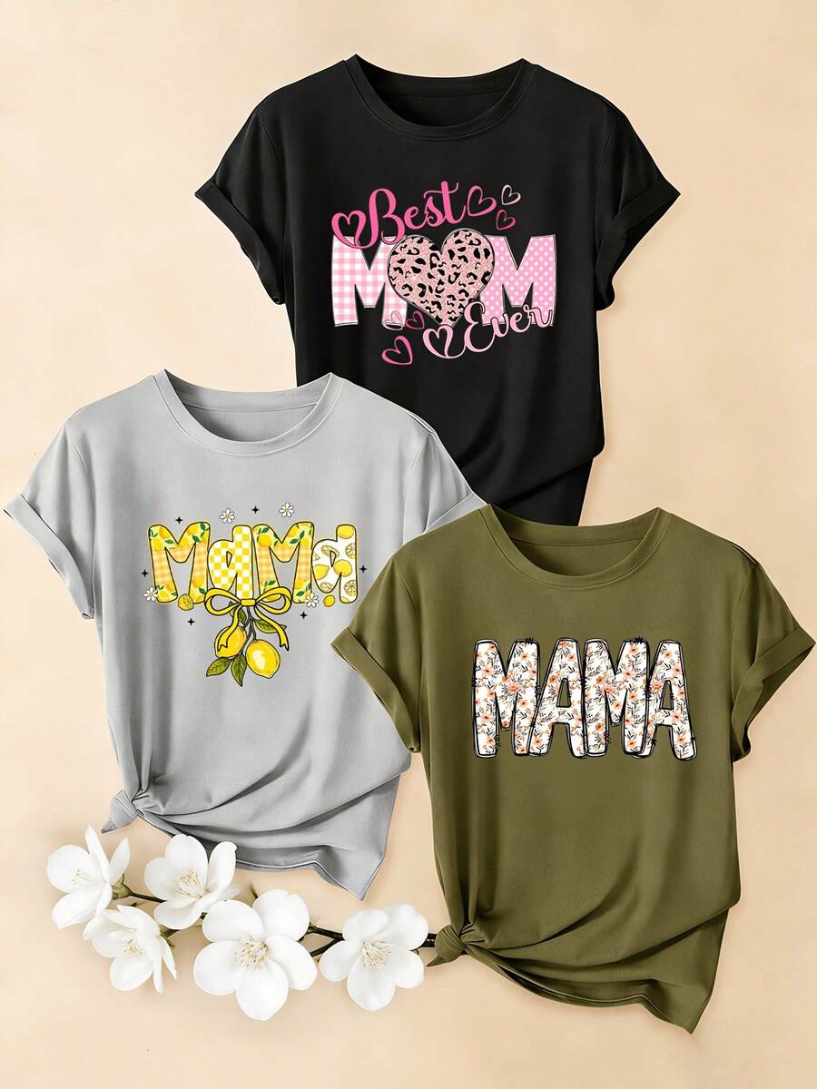 Women's T-Shirts, Women's T-Shirts, Women's One-Piece T-Shirt With Leopard Heart Print "Mom Ever" And Lemon Floral Print "MAMA", Casual Short Sleeve Crew Neck Top, Mother's Day Gift T-Shirt, Style Clothes For Moms, Suitable For Daily Wear. - 1件黑色隨機圖案 - 查看 1