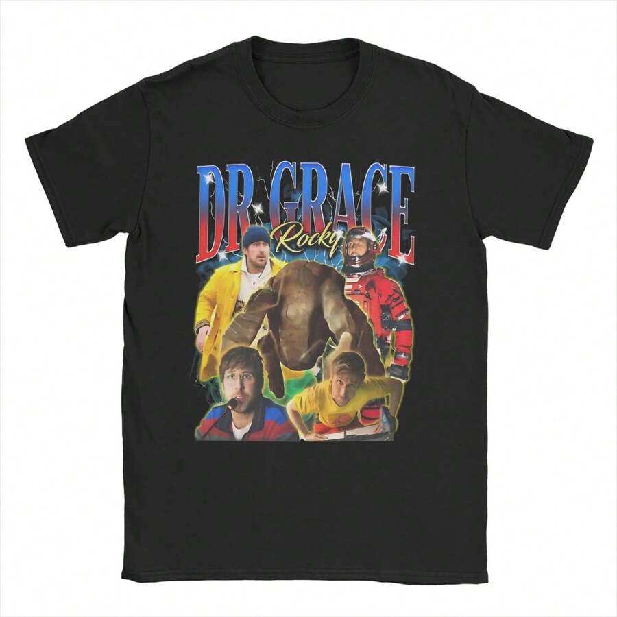Divertidas camisetas del proyecto Dr. Grace R1OCky Hail Marys para hombres y mujeres. Camiseta 100% algodón con estampado gráfico de meme de ciencia ficción. Camiseta unisex informal de algodón grueso de 220 g, textura suave y tacto agradable, cómoda y respetuosa con la piel. El estilo clásico y sencillo nunca pasa de moda, ideal para el día a día, el deporte, los viajes, las vacaciones y cualquier ocasión informal. - Negro - Ver 1