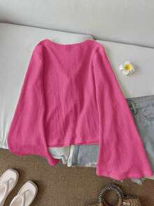Blusa casual de mujer de manga acampanada con lazo, unicolor, top color burdeos, top rojo vino, top rojo oscuro, ropa estilo cottagecore, blusas rojas para mujer, casual - Celeste 2 - Ver 2