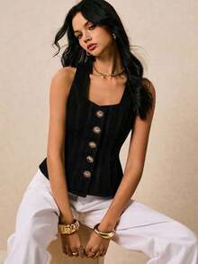 Nuevas blusas de mezclilla para mujer con cuello cuadrado, tirantes, decoración de hebilla metálica, volantes en la cintura y bajo, para otoño.Blusas de mezclilla azul oscuro, elegantes y de estilo francés para uso diario y viajes.Blusas verdes - Negro - Ver 7