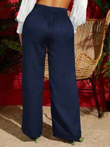 Pantalones negros anchos de verano con cintura de cordón sólido - Azul marino - Ver 2
