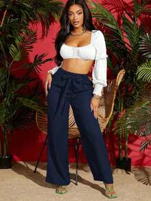 Pantalones negros anchos de verano con cintura de cordón sólido - Azul marino - Ver 4