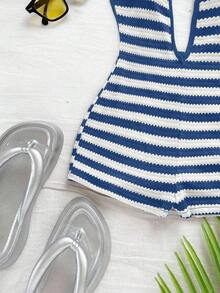 Body sexy de punto blanco con textura y patrón ondulado, escote en V profundo y espalda descubierta para mujer, elegante y ajustado, adecuado para fiestas, citas, té de la tarde, vacaciones boho, playa, atuendo de verano. - Azul - Ver 6