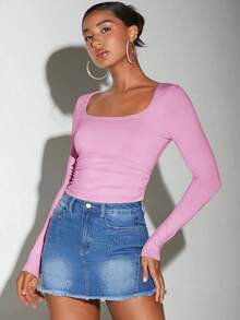Camiseta crop de cuello cuadrado fruncido lateral - Rosa - Ver 7