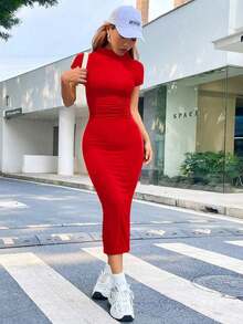 Vestido De Punto Ajustado Y De Medio Manga - Rojo - Ver 7