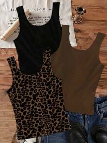 Set de 3 camisetas de tirantes de cuello redondo casuales para mujer, versátiles para el verano - Multicolor 5 - Ver 2