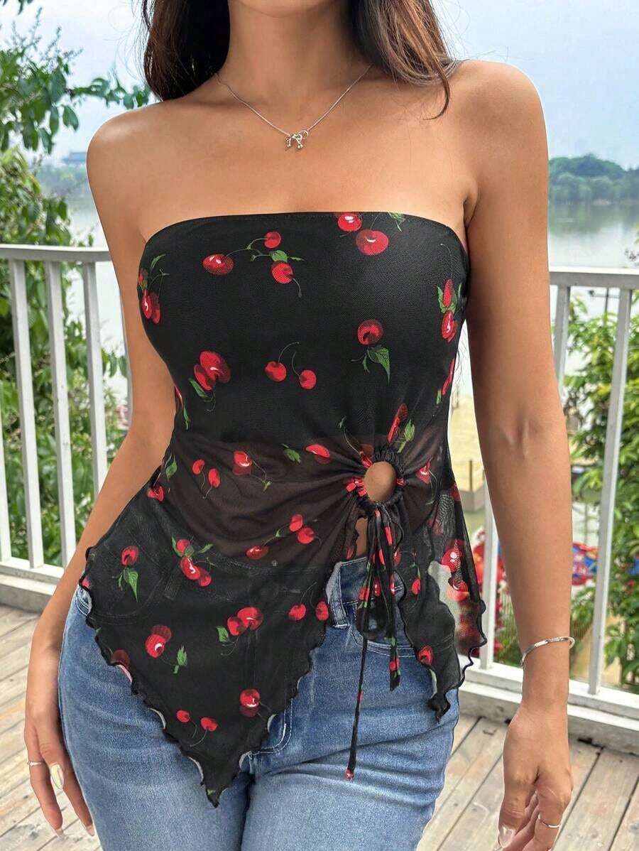 Top asimétrico sin tirantes con nudo frontal y estampado de cerezas para el verano - Negro - Ver 1