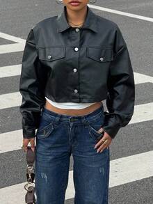 Women's Autumn Clothing, Short PU Leather Jacket With Lapel Detail And Drop Shoulders, Casual Button Jacket With Drop Shoulder Collar, Regular Fit, Solid Color, Suitable For Daily Wear. - 黑色 - 查看 5