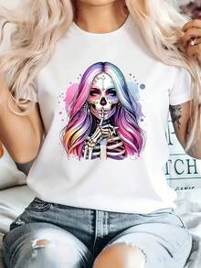 Camiseta Casual de Mujer con Estampado, Cuello Redondo, Manga Corta, Tejido Ligeramente Elástico, Estilo Regular, Cómoda para Todas las Estaciones, Ropa de Mujer - Blanco - Ver 12