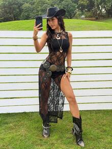 Vestido casual y elegante de mujer con abertura en el bajo, color rosa claro, ligero y cómodo, moda de verano - Negro - Ver 9