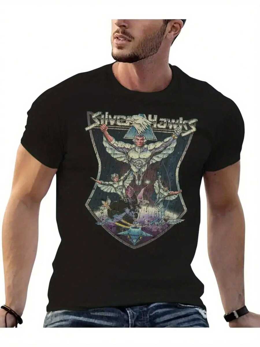 A Stylish And Flexible Printed T-Shirt With A Vintage Anime Design Of A Silver Eagle, Perfect . Ideal For Pairing With Any Outfit, Perfect For Everyday Wear, Celebrations, Parties, Or As A Gift. Great For Everyday Wear And Gifts, A Circus-Themed T-Shirt, Perfect For Vacations And Playtime, Great For Parties And Family Holidays, Party Outfits, Summer Wear, And Warm-Weather Clothing. - 黑色 - 查看 1
