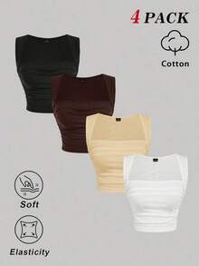 Conjunto de 4 piezas de top de tirantes ajustado y fruncido de cuello cuadrado de varios colores para mujer.Top corto sin mangas en negro, burdeos, marrón y blanco.Elegante y romántico para vacaciones, fiestas, ceremonias, playa, salidas casua - Multicolor 5 - Ver 1