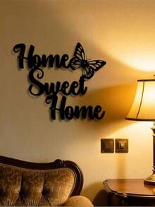 1pc Metal Wall Decor "Warm Home" With Butterfly Pattern - Adds A Cozy Ambiance To Living Room, Bedroom Or Entryway, Perfect Gift To Express Love For Home For Family And Friends - Black - View 1