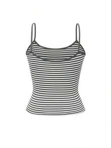 Top de lencería de moda para mujer  y camiseta sin mangas de rayas de primavera/verano con cuello redondo y ajuste casual, adecuada para vacaciones en la playa y uso casual diario - rayas grises y blancas - Ver 4