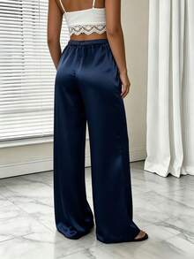 1 pieza Pantalones con bolsillo y cordón en unicolor, adecuados para el hogar, uso diario, vacaciones, fiestas de solteros, satén, para todas las estaciones de primavera - Azul Marino - Ver 7