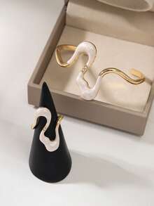 2pcs Set Fashionable Luxury, Exquisite, Elegant White Enamel Teardrop Wave Pattern Alloy Bracelet And Matching Ring Set, Jewelry For Women, Suitable For Vacation, Travel, Business Events, Banquets, Weddings, Shopping, Dates And Daily Wear, Great Gift For Friends And Family - White - View 2