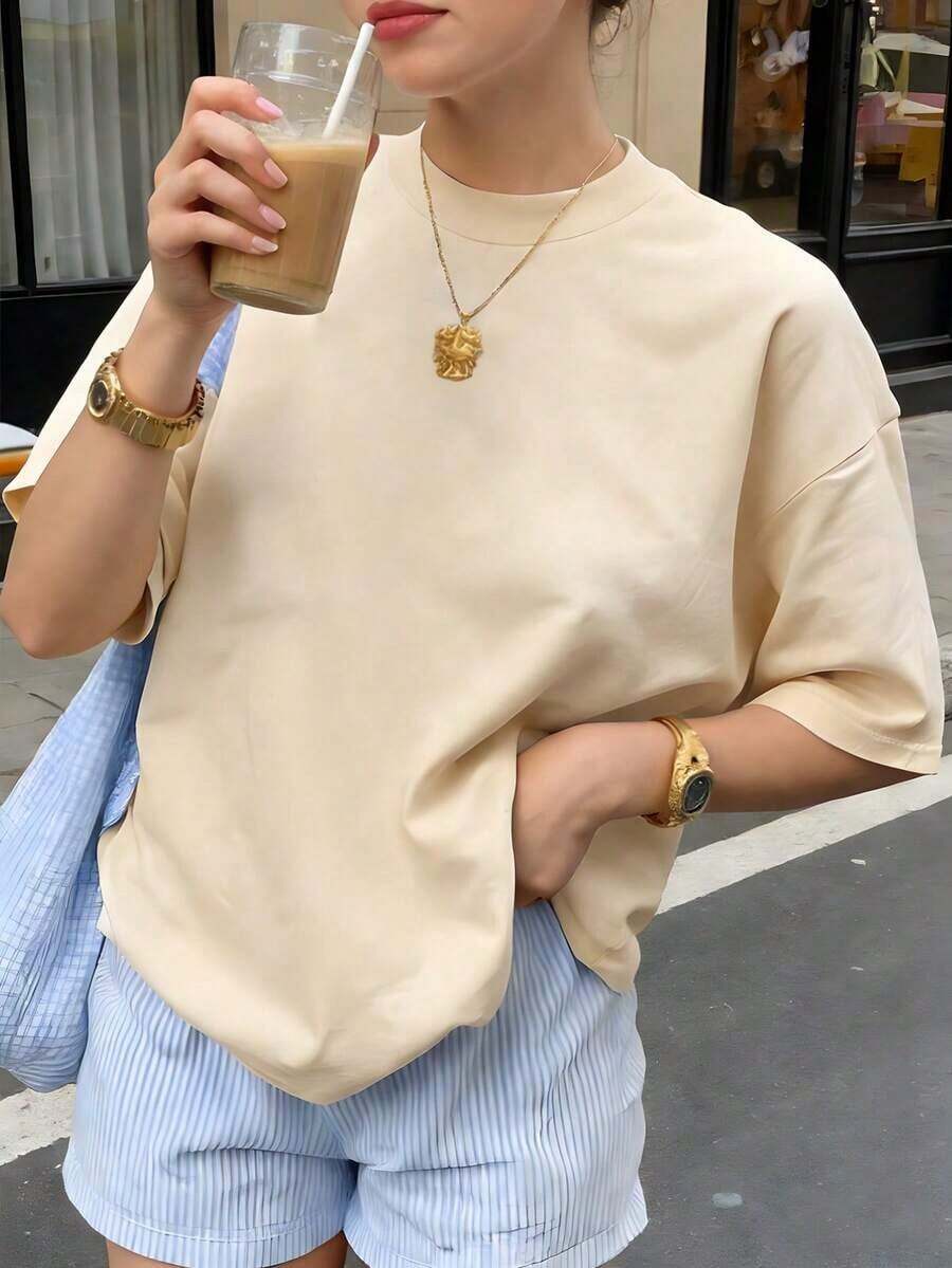 Plain Short-Sleeved T-Shirt, Perfect For Spring And Summer. Casual Women's Shirt, Top, Short-Sleeved T-Shirt. Ideal For Lounging At Home, Casual Wear, Shopping, Or Outdoor Sports. Suitable For Both Men And Women. - 杏 - 查看 1