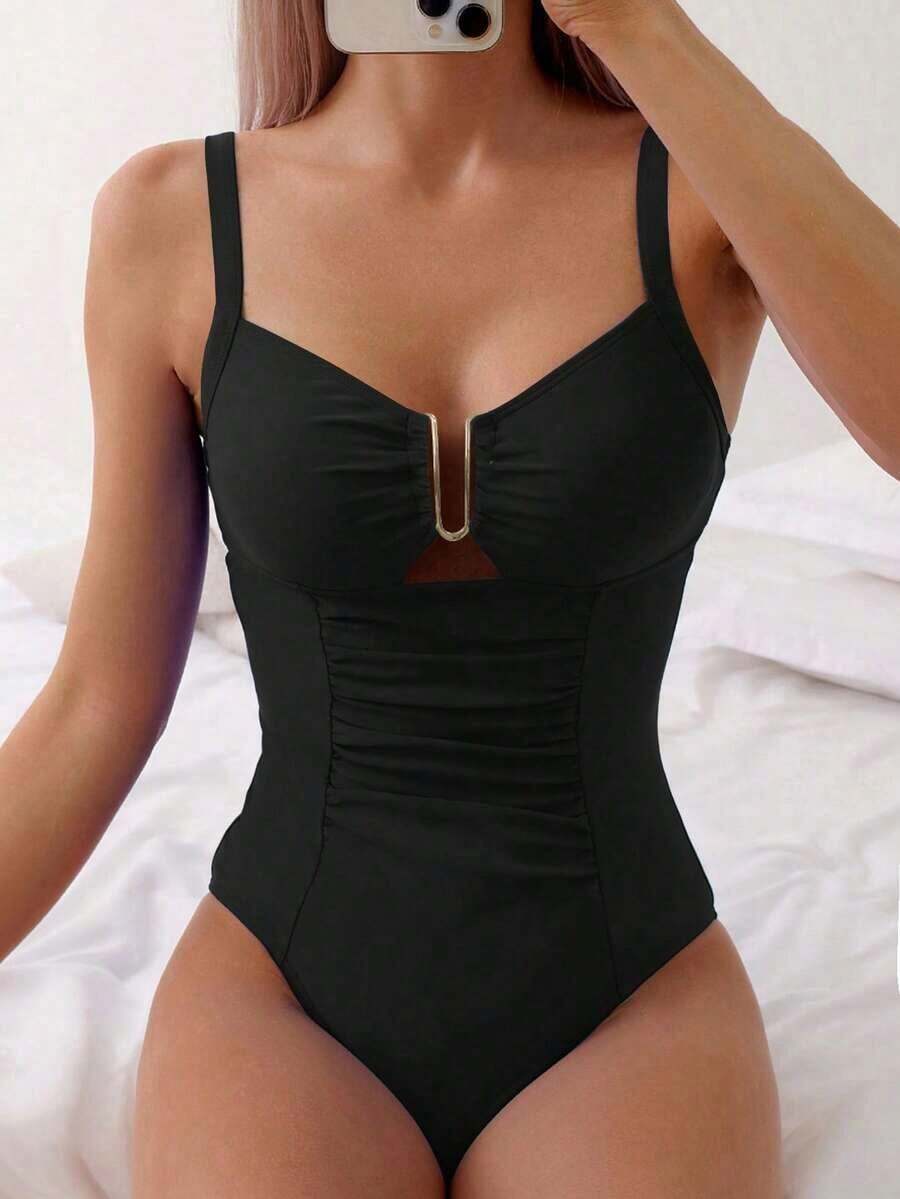 Swim Chiccia Nuevo traje de baño de una pieza elegante de unicolor, exquisito, para mujeres, para playa, natación y spa, temporada primavera/verano 2026 - Negro - Ver 1