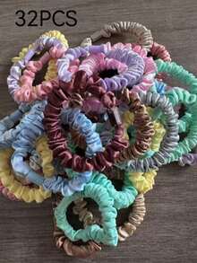 Set de 32 piezas de coleteros elásticos de seda de unicolor para mujeres, accesorios de cabello versátiles y casuales para festivales y fiestas - Multicolor - Ver 3