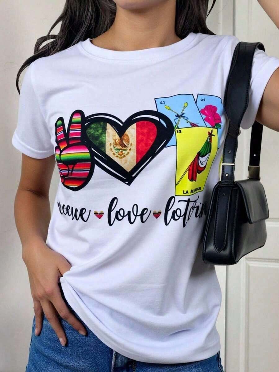 Camiseta playera gráfica dama mujer manga corta cuello redondo casual cómoda fresca ligera moderna juvenil corte regular estampado lotería mexicana viva méxico corazón cartas rosa flor - blanco - Ver 1