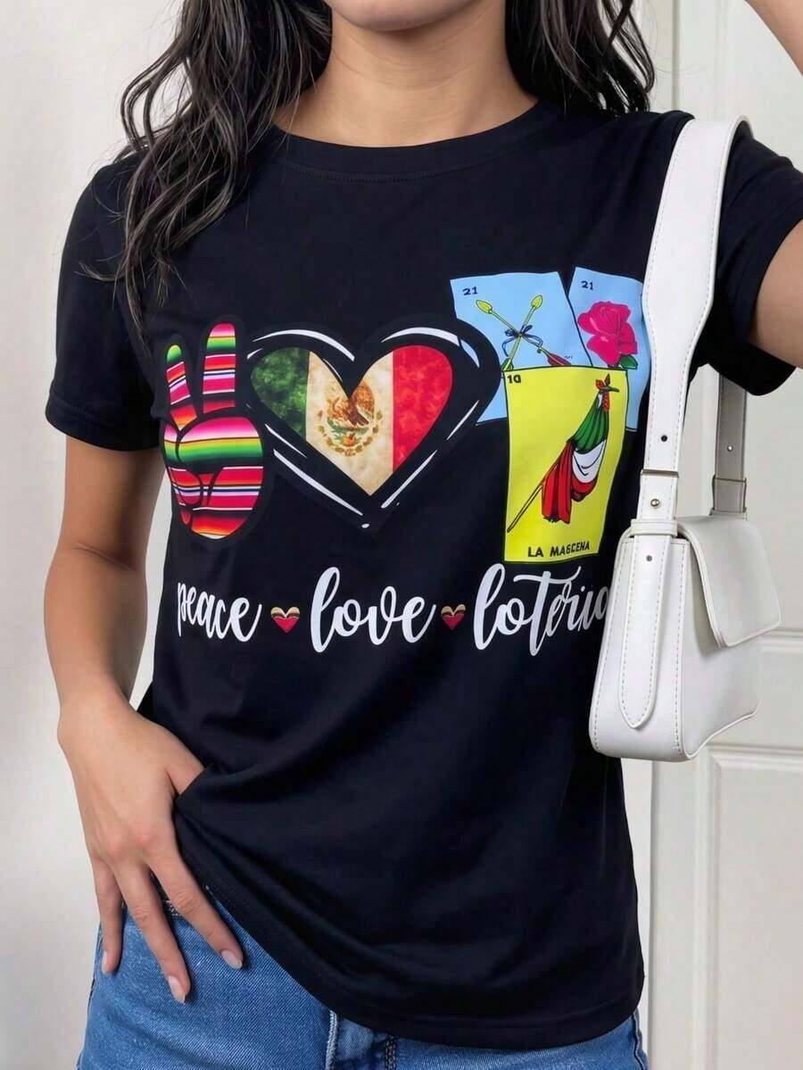 Women's Graphic T-Shirt, Short Sleeve, Round Neck, Casual, Comfortable, Cool, Lightweight, Modern, Youthful, Regular Fit, Mexican Lottery Print, Viva Mexico, Heart, Cards, Pink Flower, Pure-Cotton - màu đen - Xem 1