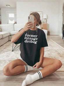 Camiseta Gráfica de Algodón, Talla Grande, Estilo Retro Divertido, Camiseta Negra de Manga Corta Oversize con Estampado de Lema "Former Teenage Dirtbag", Top Casual, Estilo Y2K, Camiseta Oversize para Hombre, Tops de Verano - Estilo - Ver 9