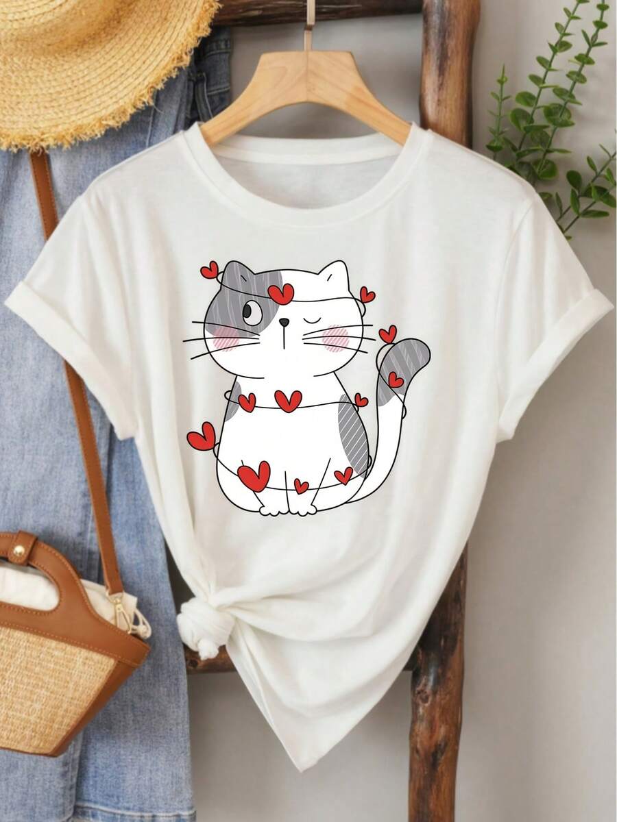1pc Camiseta de Mujer Talla Grande con Estampado de Gato en Forma de Corazón: Estilo Suave, Tierno y Encantador, Moda Casual con Vibra Vintage, Perfecta para Ocio y Deporte en Primavera. Cuello Redondo, Manga Corta, Disponible en Tallas 1XL a 5XL - Blanco - Ver 1
