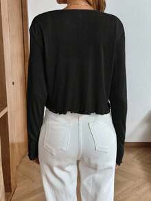 Chaqueta delgada de mujer con botones frontales y dobladillo de lechuga de unicolor minimalista - Negro - Ver 2