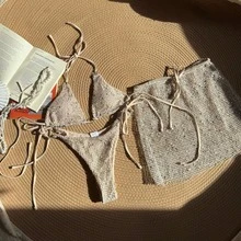 Nuevo traje de baño de tres piezas de malla especial, bikini sexy con tirantes. - Albaricoque - Ver 12