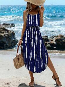 Vestido midi sin mangas con efecto tie-dye, con cintura ajustable y abertura, para el verano - Azul marino - Ver 2