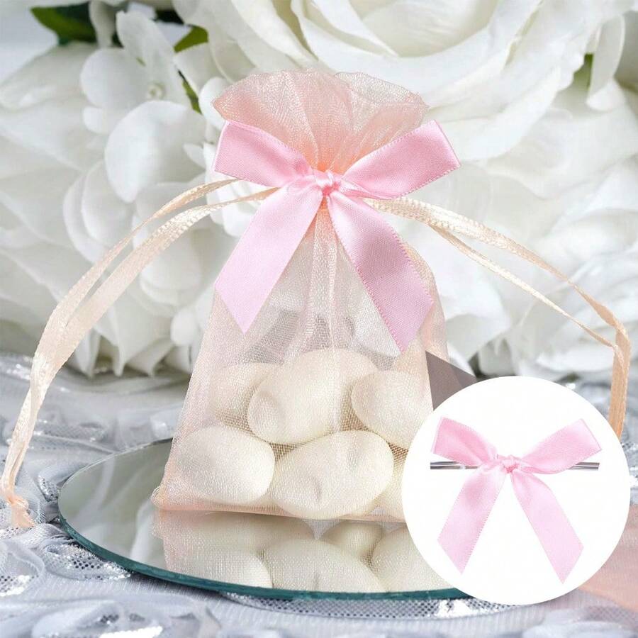 XDL 20pcs Pink Satin Ribbon Premade Twist Tie Bows Gift Wrapping Bowknot For Christmas Wedding  Birthday Party Treat Bags Present Bags Bakery Candy Bags Decorations - Pink - 查看 1