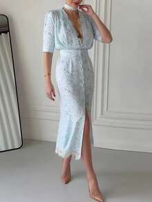 Vestido elegante cuello V con estampado y combinación de encaje nueva primavera estilo moda europea para mujer - Azul - Ver 3