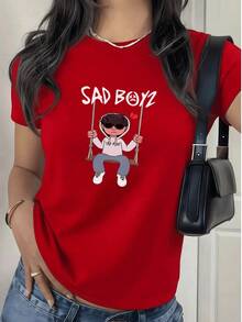 ComfortableCamiseta Casual de Mujer con Impresión Sad Boyz,diseño con figura en columpio.Estilo Moderno,100% algodón.Ideal para un Look Urbano y Cómodo.Loose Versatile Short Sleeve T-shirt for Women - Rojo - Ver 12