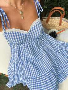 Vestido de mujer retro francés de cuadros rojos con tirantes finos, nuevo diseño de primavera temprana con encaje, versátil, dulce y elegante con capas - Azul - Ver 5